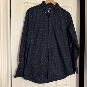 Chaps Mens L Button Up Shirt Navy Blue Leaves Polka Dot Long Sleeve Cotton Poly